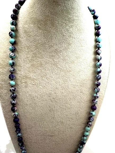New Purple Teal Colored Stone & Glass Beaded Pendant Necklace - Picture 3 of 15